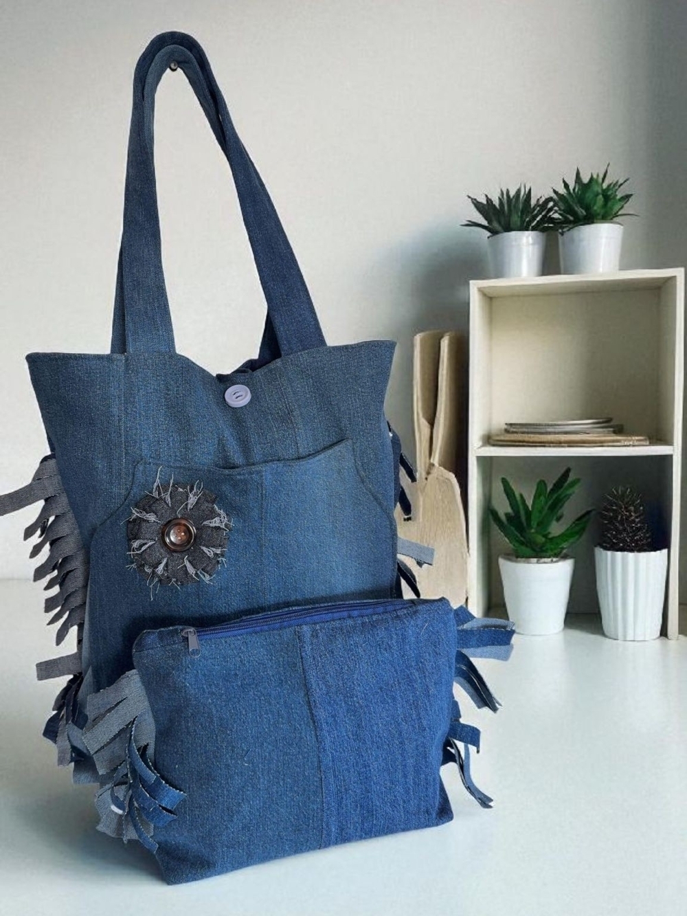 Blue Denim Fringe Tote with Matching Pouch